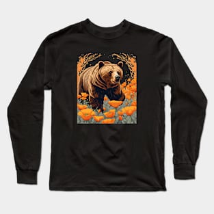 Bear Plodding Through Orange Californian Poppies Long Sleeve T-Shirt